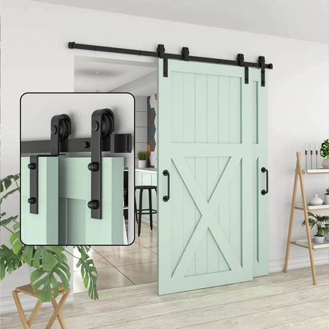 Heavy Duty Sliding Barn Door Track Hardware Kit With Ceiling Mount, Bypass System, shown with mint green door, black hardware