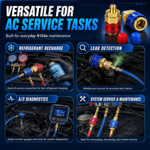 R134a Quick Coupler Kit 2 Pack With 1 Quarter SAE Thread Pro Grade Auto AC Service Adapters For DIY Techs Compatible With Manifold Gauges And Vacuum Pumps For Refrigerant Recharge Fits Mini Split Car AC Maintenance, brass couplers shown in use