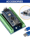 2 Pack Nano V3.0 Mini ATmega328P Arduino Microcontroller Board Kit With USB Cable And Expansion IO Shield Breakout Screw Terminal Adapter