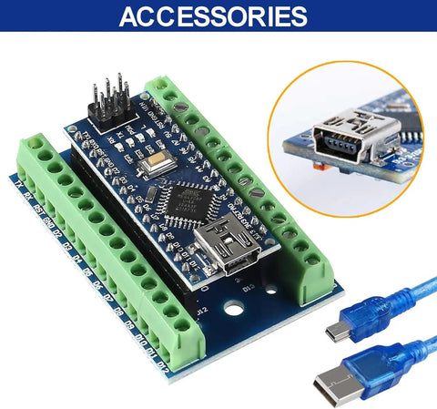2 Pack Nano V3.0 Mini ATmega328P Arduino Microcontroller Board Kit With USB Cable And Expansion IO Shield Breakout Screw Terminal Adapter