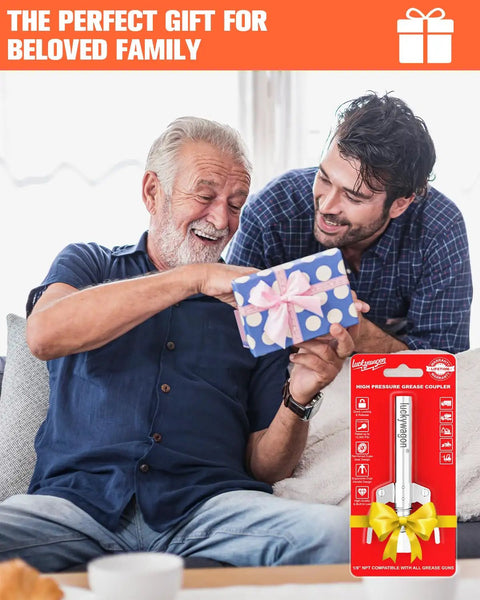 Two people sitting on a sofa sharing a gift, packaging for a high pressure grease coupler with bow visible nearby.