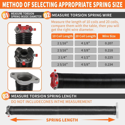 Infographic on measuring Garage Door Torsion Springs Pair 0.225 X 2 In X 30 In Dope Heavy Duty Steel with aluminum cones.