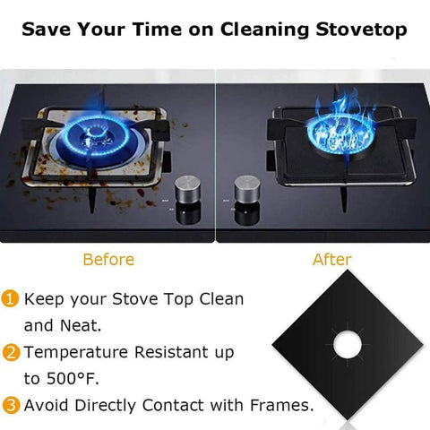 Before and after using Stove Covers Set Eight Pcs 0.2mm 10.6x10.6 Inch Gas Range Protectors With Two Pcs 21 Inch Silicone Gap Covers