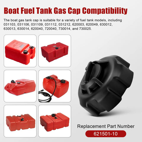 Image of various boat fuel tank models and Marine Vented Cap 62150110, compatible with listed models including 031103, 031106.