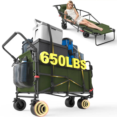 Heavy Duty Folding Wagon 2 In 1 Collapsible Cart Transforming Into Beach Chair With 650 Lb Capacity All Terrain Wheels Army Green