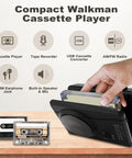 Hand using Portable Cassette Player And Tape Recorder With Cassette To MP3 Converter, AM FM Radio, USB Ready.