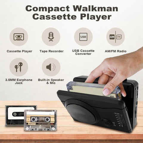 Hand using Portable Cassette Player And Tape Recorder With Cassette To MP3 Converter, AM FM Radio, USB Ready.