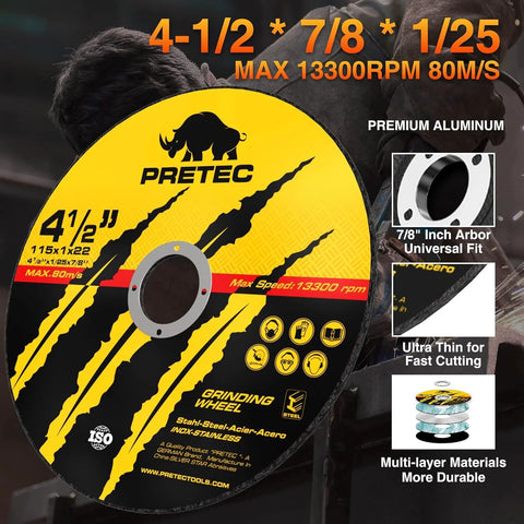 PRETEC 4-1/2 in metal cutting wheel with 7/8 in arbor for angle grinder; thin, fast-cutting disc; 50+5 pack