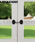 Bulletproof 3 Inch Hook And Eye Gate Latch Straight Up Heavy Duty Barn Door Lock No Nonsense Fence Hardware With Black Powder Coated Rust Resistant Finish For Sheds And Cabinets One Pack Included secured on a white double door.