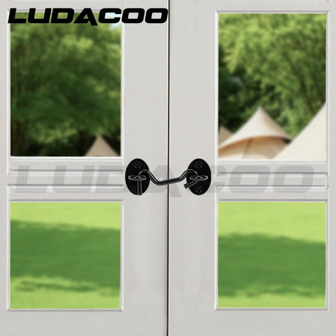 Bulletproof 3 Inch Hook And Eye Gate Latch Straight Up Heavy Duty Barn Door Lock No Nonsense Fence Hardware With Black Powder Coated Rust Resistant Finish For Sheds And Cabinets One Pack Included secured on a white double door.