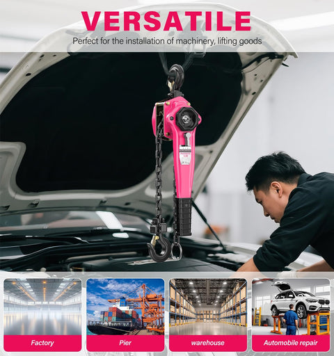 Lever Chain Hoist One And A Half Ton Capacity With Ten Foot Lift And Dual Heavy Duty Hooks Manganese Steel G80 Chain Double Pawl Brake Come Along For Warehouse Automotive Garages Pink Finish hoisting engine under car hood