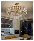 Top Shelf Modern Ceiling Fan Chandelier Combining Invisible Blades With Slick Crystal Accents And Warm Pendant Lighting Delivering Sweet Vibes For Living Rooms And Bedrooms, gold finish with crystal accents.