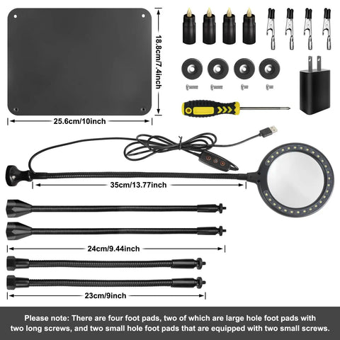 Components of Magnetic Pro Grade Helping Hands Soldering Station with 3X Magnifying Lamp and Light, flexible arms.
