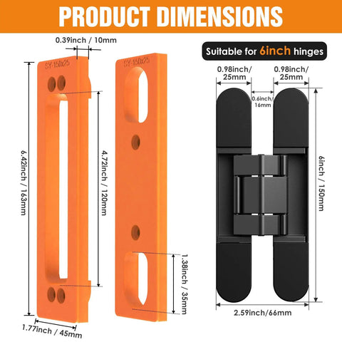 Heavy Duty 6 Inch Hidden Door Hinge Jig Delivers Dead On Alignment For Concealed Cabinet Hinges Zero Headache Setup Template For DIY Crews Chasing Pro Level Woodwork dimensions detail image with orange jig and black hinge.