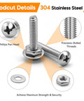 Stainless Steel Nuts And Bolts Kit With 720 Pieces Of Phillips Pan Head Screws Nuts And Flat Washers In Case For DIY Projects And Repairs Sizes 10 24 8 32 6 32 4 40 Heavy Duty Outdoor Grade Hardware Assortment showing details of Phillips pan head and precision-rolled threads in 304 stainless steel.
