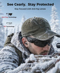 Ride Or Die Tough As Nails Safety Glasses Ansi Z87.1 Certified with anti-fog lenses, worn outdoors in snowy conditions.