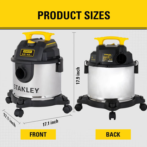 Front and back view of 4 Gallon Wet And Dry Shop Vac With 4 Peak HP Stainless Steel Tank 3 In 1 Blower Heavy Suction Portable Vacuum