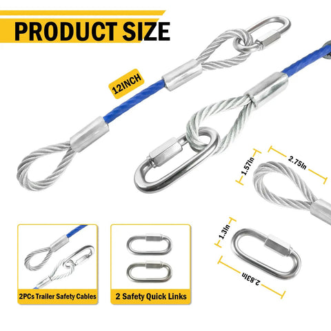 Heavy Duty Trailer Safety Cables Set 12 Inch Extension Tow Cables With Snap Hook Latches 12000 Lbs Load Capacity, product size details