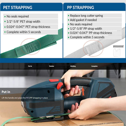 Kick Butt On Pallet Jobs With This Heavy Duty Semi Automatic Strapping Machine For Pp Pet Cartons Using A 4000Mah Battery And Smart Tension That Heat Welds Bands Super Smooth And Zero Hassle showing PET and PP strapping processes with machine features.