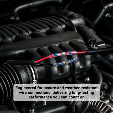 160 Piece Solder Seal Wire Connector Kit Marine Grade Heat Shrink Splice Connectors for automotive use, installed on an engine.