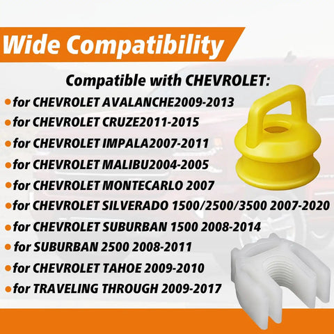 Compatibility details for Chevy vehicles with yellow and white bushings from 8 Piece Transmission Shifter Linkage Cable Bushing Repair Kit With 4 Bushings And 4 Retainer Clips The All In One Fix For Your Chevy Shifter Beefed Up For Easy Rides Replaces 14104 15276979 52855956AG Compatible With 2004 Through 2020 Chevy.