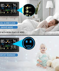 All In One Weather Station With Rain Gauge And Wireless Indoor Outdoor Sensors showing dual alarm clock and comfort reminder features