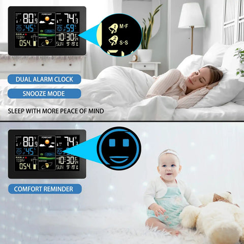 All In One Weather Station With Rain Gauge And Wireless Indoor Outdoor Sensors showing dual alarm clock and comfort reminder features