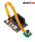 IMX477 Autofocus HQ Camera with motorized focus, I2C control, and 12MP sensor connected to a Jetson board via ribbon cable