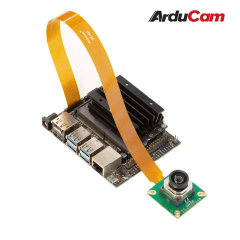 IMX477 Autofocus HQ Camera with motorized focus, I2C control, and 12MP sensor connected to a Jetson board via ribbon cable