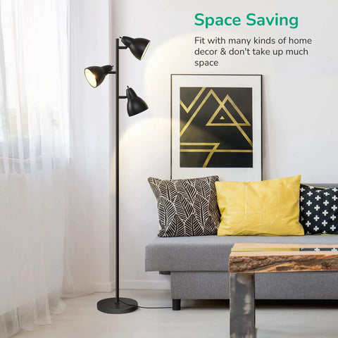 Three Adjustable Rotating Heads Go-To Tree Floor Lamp In Black Industrial Rustic Style Tall Pole Standing Light next to sofa