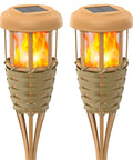 Flickering Flame Solar Torch Lights Set Upgraded Waterproof Outdoor Decorative Lighting With Auto On Off Durable Weatherproof Torches Handmade Bamboo Finish 2 Pack