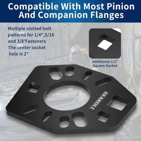 GEAROLL stainless steel pinion yoke wrench; black square plate with central 1/2-inch hole and multiple slots
