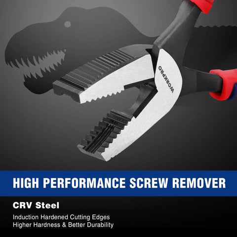 Close-up of 8 Inch Screw Extractor Pliers For Damaged Rusted Stripped Screws And Fasteners With Non Slip Jaws Lineman Style Remover Tool For Quick Extraction In Home Shop And Garage By WORKPRO