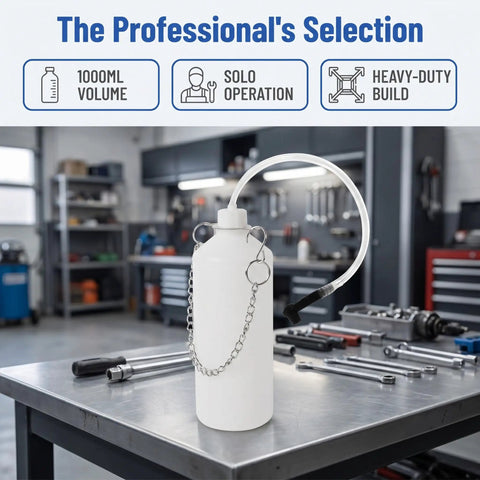 Shop Grade Heavy Duty Brake Bleeder Kit With 1L Vacuum Collection Bottle and 19.7 Inch Flexible Hose Universal fit, white 1L bottle with chain.