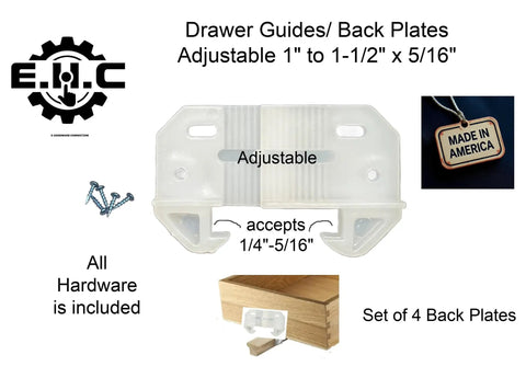 Adjustable Furniture Drawer Guide Back Plates With Full Mounting Kit Includes Four Heavy Duty Units For Kitchen Cabinets And Dressers No Sweat Setup Smooth Glide Performance Fits 1/4 Inch To 5/16 Inch Rails Straight Shot Ready To Go