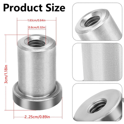 Eight Piece 3/8 Inch 16 Long Thread Stepped Weld On Nuts For Heavy Duty Chassis Tab Mounting Dead Simple Drop In Fit Garage Grade Precision Machined High Strength Steel Retail Pack showing product size measurements.