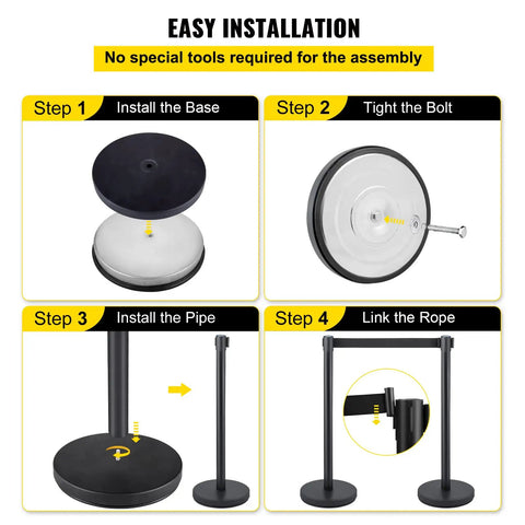 Easy assembly steps for Boss Grade Crowd Control Stanchion Set With Six Point Six Feet Black Retractable Belt Solid Metal Base.