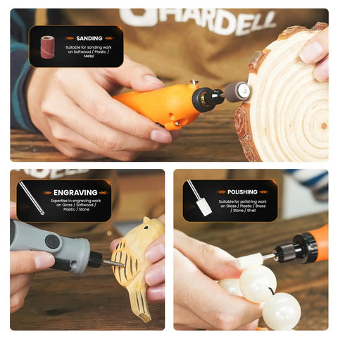 Using 69 Piece Rotary Tool Accessories Kit With 1.0 1.6 2.3mm Chucks for sanding, engraving, and polishing on wood and resin