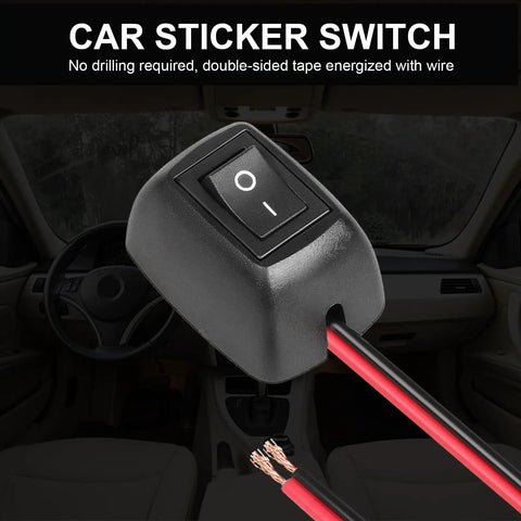 Inline Rocker Switch SPST Two-Position On Off Box Switch shown with wires in a car interior setting