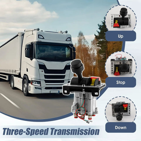 Heavy Duty PTO Control Valve Set for Dump Trucks and Tippers With Pneumatic Hoist Control System Compatible With AV295 328388 79X 329358X and K90 Replacement with three-speed transmission display and truck on road image