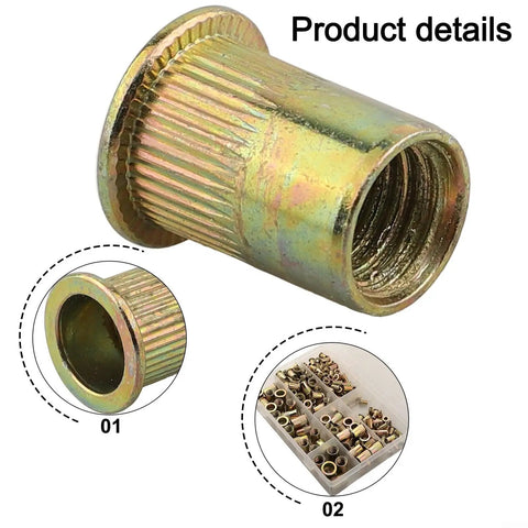 210 Piece Zinc Plated Flat Head Rivet Nut Set With 6 Metric Sizes M5 M6 M8 M10 And More, Heavy Duty Carbon Steel Fastener Kit For Automotive, Metalworking, And DIY Projects, close-up and organizer case