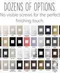 Variety of wall switch finishes including Magnesium, no visible screws, labeled for easy selection.