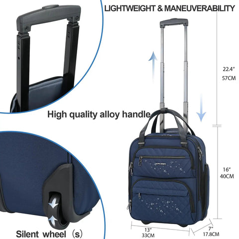 Underseat Carry On Luggage For Women, 16 Inch Lightweight Overnight Bag, navy with alloy handle and silent wheels
