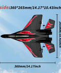 Top view of Foam Remote Control RC Planes 2CH 2.4Ghz fighter jet with lights, showing dimensions and sleek black design.