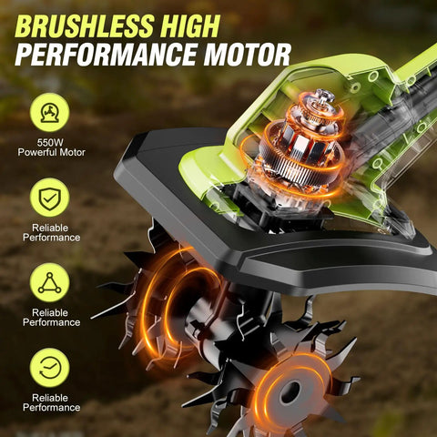 Close-up of 21V Cordless Tiller Cultivator With Two Batteries showing brushless electric motor and 48 steel tines.