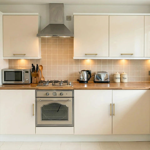 Modern kitchen with 10 Pack Champagne Bronze Cabinet Pulls 5 Inch 128mm Handle Set For Kitchen Cabinets And Bathroom Drawers.