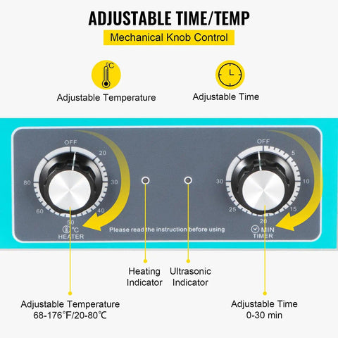 Control panel of Dope Ultrasonic Vinyl Record Cleaner 6L 40kHz with knob control, showing mechanical timer and adjustable temperature.