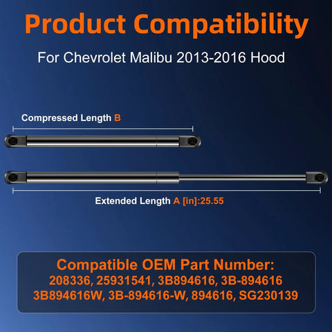 Front Hood Strut Lift Support Replacement For Chevrolet Malibu 2013 2016 dimensions and OEM compatibility