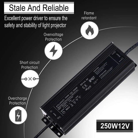 Waterproof IP67 LED Transformer Beefy 250W 12V DC Power Supply on black background with protection features displayed