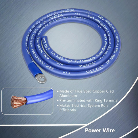 Heavy Duty Big 3 Power Upgrade Kit, 1/0 Gauge Main Cable And Ground Strap For Whips And Rigs, blue copper cable with ring terminal